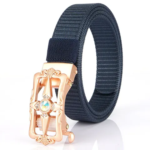 Luxury Nylon Weave Belt With Vintage Alloy Automatic Buckle Rhinestone Inlaid Casual Fashion Waistband For Women Men
