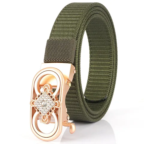 Women's Nylon Belt With Rhinestone Alloy Automatic Buckle Tank Texture Casual Outdoor Fashion Waistband Jewelry Belt