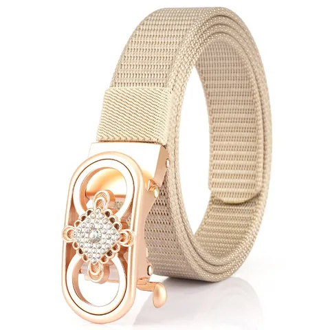 Women's Nylon Belt With Rhinestone Alloy Automatic Buckle Tank Texture Casual Outdoor Fashion Waistband Jewelry Belt