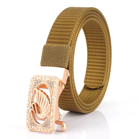 Women Fashion Nylon Woven Belt With Zinc Alloy Automatic Buckle Rhinestone Swan Pattern Adjustable Outdoor Waistband