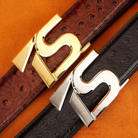 Men's Business Top Grain Cowhide Leather Belt With Stainless Steel Automatic Buckle Ostrich Pattern Fashion Waistband
