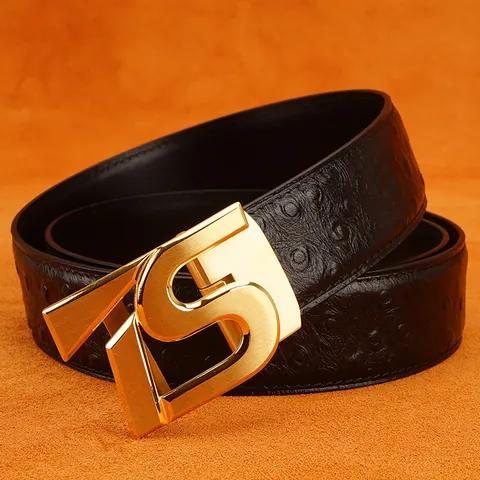 Men's Business Top Grain Cowhide Leather Belt With Stainless Steel Automatic Buckle Ostrich Pattern Fashion Waistband