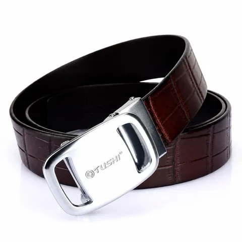 Men Business Casual Top Layer Cowhide Leather Belt With Automatic Zinc Alloy Buckle Crocodile Pattern Embossed Waist Strap
