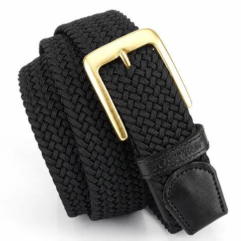 Men Casual Elastic Woven Belt With Solid Brass Buckle Top Grain Leather Ends Braided Stretch Waistband For Outdoor Daily Wear