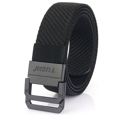 Men's Elastic Braided Nylon Belt With Zinc Alloy Double Ring Buckle Tactical Outdoor Casual Adjustable Waist Belt
