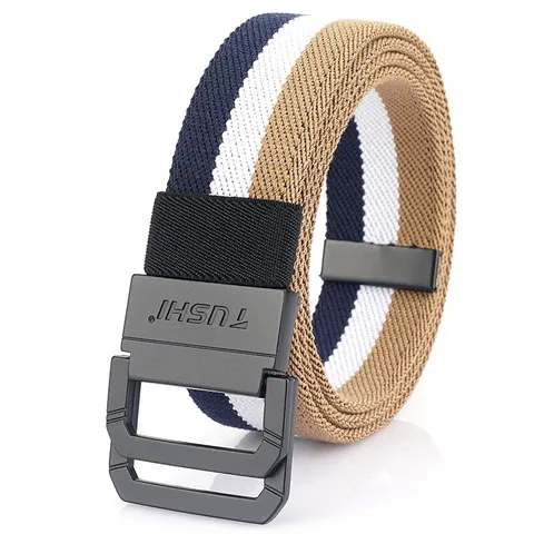 Men's Casual Elastic Woven Canvas Belt With Zinc Alloy Double D Ring Buckle Adjustable Striped Fabric Waist Strap For Outdoor