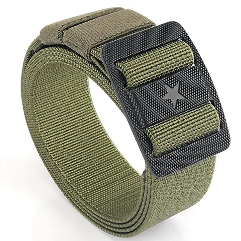 Men Tactical Nylon Belt With Zinc Alloy Dual Way Square Buckle Star Design Breathable Stretch Outdoor Training Webbing Waistband
