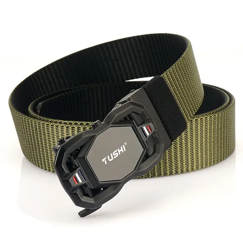 Men Rotating Automatic Buckle Nylon Belt Double Sided Outdoor Tactical Casual Waistband Durable Zinc Alloy Buckle Weave