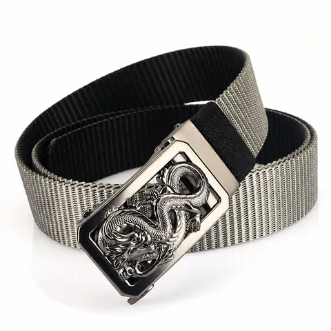 Men Casual Nylon Belt With Rotatable Zinc Alloy Automatic Buckle 3D Dragon Relief Double Sided Weave Tactical Belt