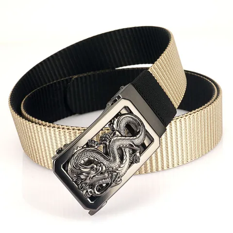 Men Casual Nylon Belt With Rotatable Zinc Alloy Automatic Buckle 3D Dragon Relief Double Sided Weave Tactical Belt