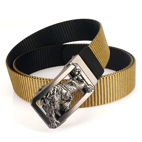 Men's Tactical Nylon Belt With 3D Tiger Relief Zinc Alloy Automatic Buckle Casual Outdoor Adjustable Double-Sided Bicolor Waistband