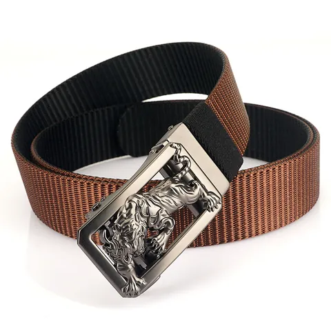 Men's Tactical Nylon Belt With 3D Tiger Relief Zinc Alloy Automatic Buckle Casual Outdoor Adjustable Double-Sided Bicolor Waistband