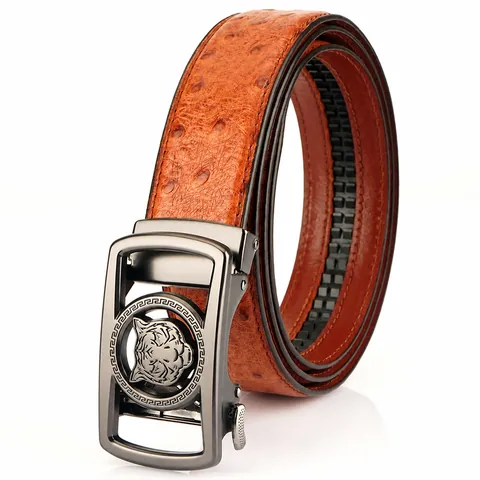Men's Vintage Genuine Leather Belt Ostrich Pattern Automatic Buckle With Tiger Head Design Cowhide Business Waist Strap