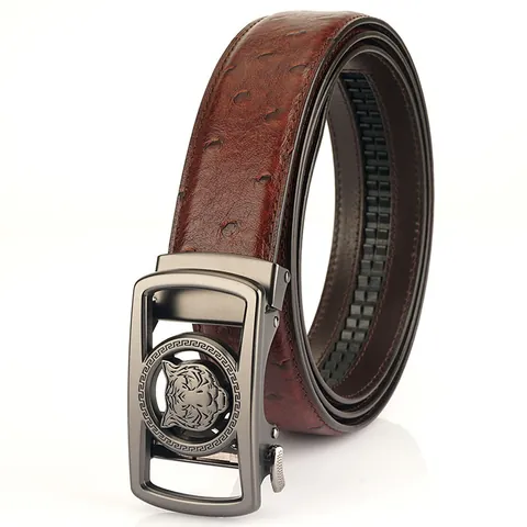Men's Vintage Genuine Leather Belt Ostrich Pattern Automatic Buckle With Tiger Head Design Cowhide Business Waist Strap