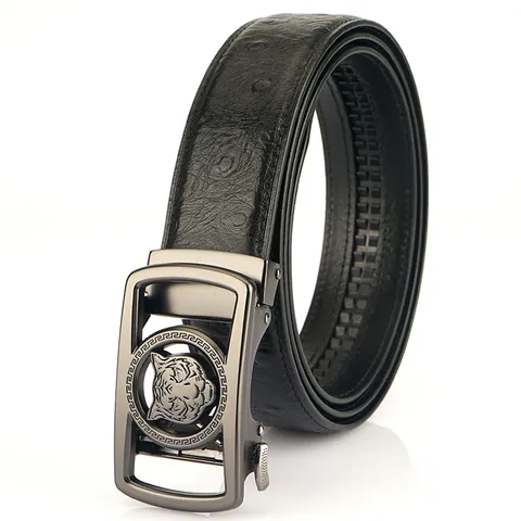 Men's Vintage Genuine Leather Belt Ostrich Pattern Automatic Buckle With Tiger Head Design Cowhide Business Waist Strap