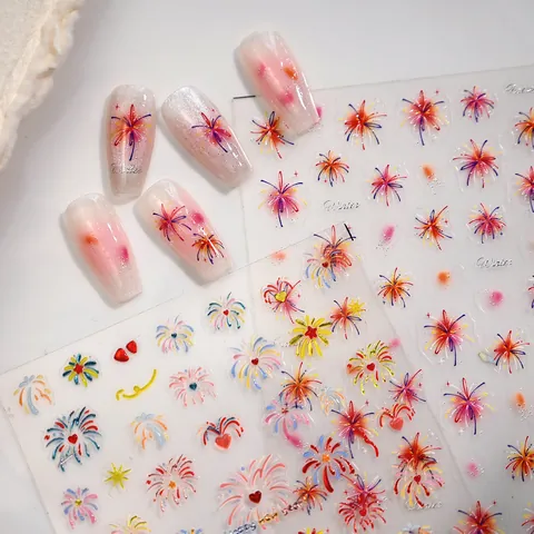 Fuochi d'Artificio 3D Rilievo Unghie Adesivi Colorati Capodanno Cuore Cielo Stellato Design DIY Decalcomanie Unghie Per Inverno Festa Decorazione Donna