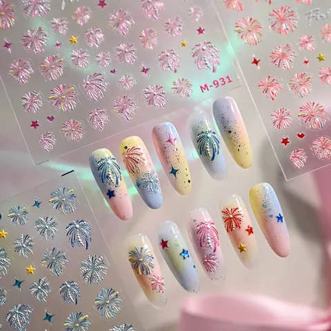3D Relief Feuerwerk Nagelaufkleber Bling Farbverlauf Herz Stern 5D Geprägte Klebende Nagel Decals Für Damen DIY Maniküre