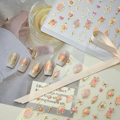 Pegatinas de Arte de Uñas en Relieve 5D Vintage Con Marco Dorado Patrones de Piedras Preciosas en Degradado para Decoración de Manicura Mujer