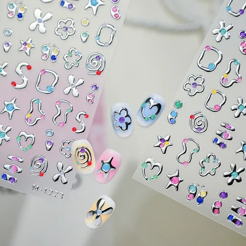 3D Relief Silberfolie Nagelaufkleber Y2K Süße Sterne Blumen Schmetterling Design Selbstklebende Nail Art Decals Für Damen