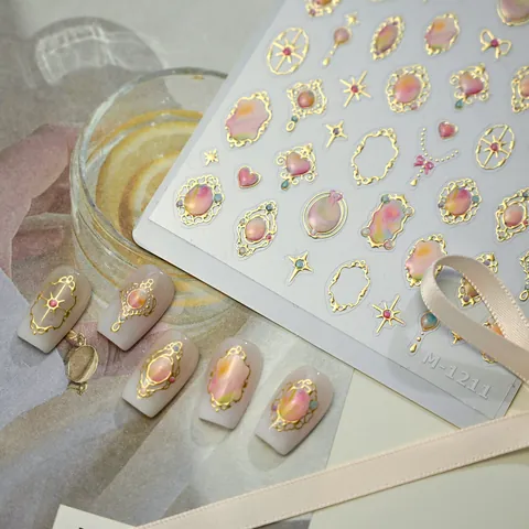 Pegatinas de Arte de Uñas en Relieve 5D Vintage Con Marco Dorado Patrones de Piedras Preciosas en Degradado para Decoración de Manicura Mujer