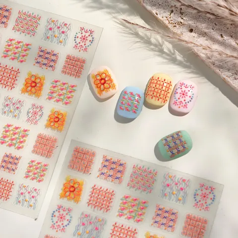 3D Reliëf Ruit Nagelkunst Stickers Vintage Borduursel Textuur Geruit Geweven Ontwerp Manicure Decals Voor Vrouwen DIY Schoonheid
