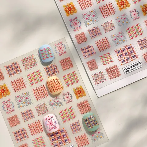 3D Reliëf Ruit Nagelkunst Stickers Vintage Borduursel Textuur Geruit Geweven Ontwerp Manicure Decals Voor Vrouwen DIY Schoonheid