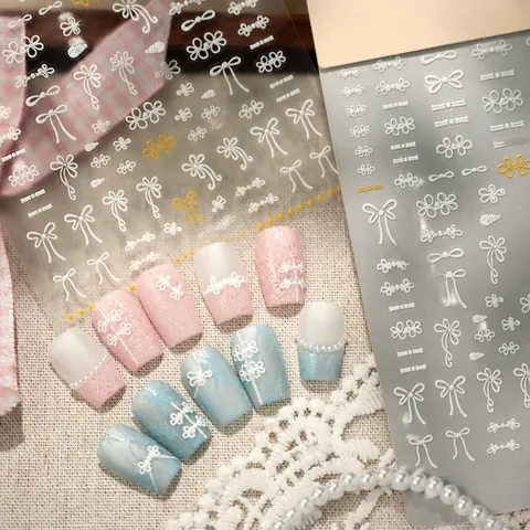 5D Embossed Nail Stickers New Chinese Vintage White Frog Button Bowknot Flower Design Lace Sweet Self Adhesive Nail Art Decor