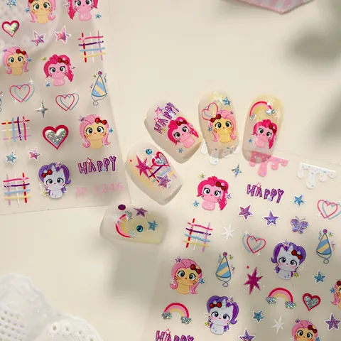 Schattige Cartoon Pony Nagelstickers Zelfklevend Laser Glitter Nagel Decals Regenboog Hart Patroon Voor Vrouwen Kinderen