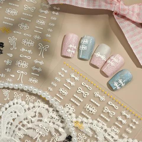 5D Embossed Nail Stickers New Chinese Vintage White Frog Button Bowknot Flower Design Lace Sweet Self Adhesive Nail Art Decor