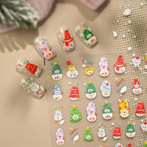 3D Relief Weihnachten Schneemann Nagelaufkleber Süße Cartoon Weihnachtsbaum Sterne Geprägte Nagelsticker Für Damen Kinder DIY Dekoration
