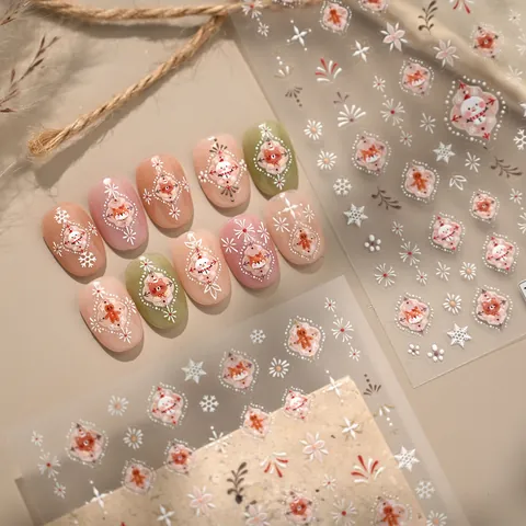 3D Geprägte Weihnachts Nageltattoos Retro Schneemann Lebkuchenmann Fuchs Schneeflocke Relief Aufkleber DIY Maniküre Dekorationen