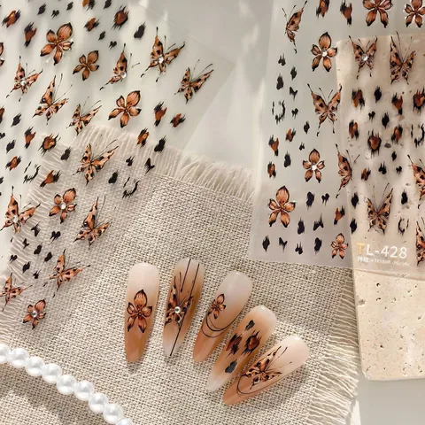 Vintage Leopard Butterfly Nail Art Stickers Wild Ink Style Brown Animal Print Floral Nail Decals For Women DIY Decorations TL428