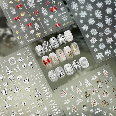 Christmas 5D Embossed Nail Art Stickers Snowflake Reindeer Tree Bow Designs Gold Silver Metallic Self Adhesive Holiday Winter Nail Decals For Women DIY Manicure