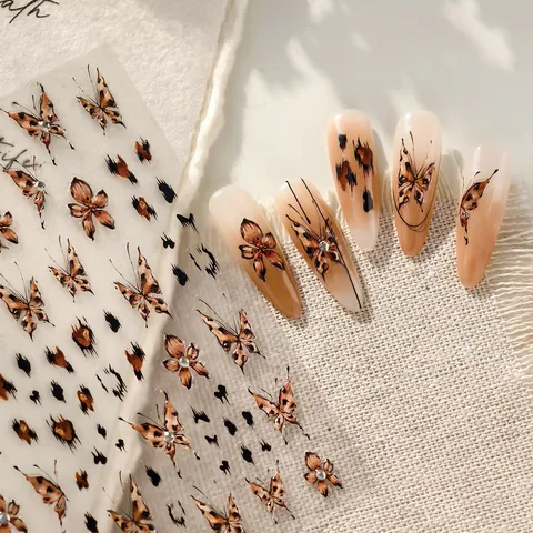 Vintage Leopard Butterfly Nail Art Stickers Wild Ink Style Brown Animal Print Floral Nail Decals For Women DIY Decorations TL428