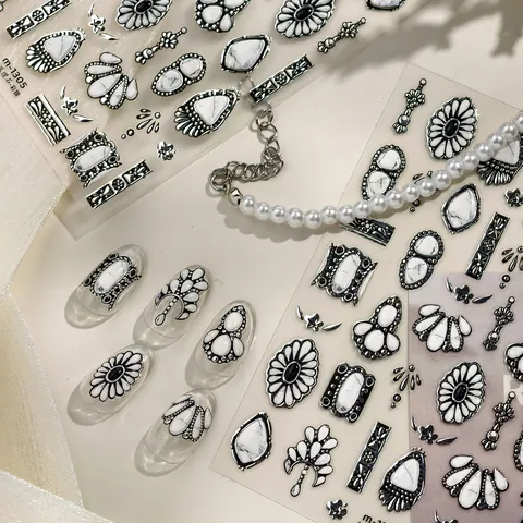 Adesivi per Unghie in Rilievo 3D Vintage Texture Marmo Boemo Linee Metalliche Argento Adesivi per Decalcomania Unghie Donna DIY