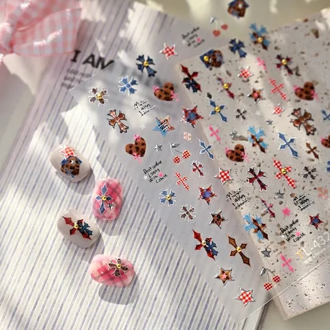 Adesivi per Nail Art in Stile Retro Sweet Cool Con Motivo a Croce Leopardo Cuore Stella Ciliegia Plaid DIY Manicure Decalcomanie