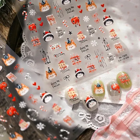 Weihnachtskatze Geprägte Nagelaufkleber 3D Niedlich Cartoon Kätzchen Schneeflocke Kuchen Apfel Muster Feiertag Maniküre M1311