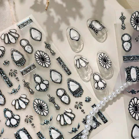 Adesivi per Unghie in Rilievo 3D Vintage Texture Marmo Boemo Linee Metalliche Argento Adesivi per Decalcomania Unghie Donna DIY