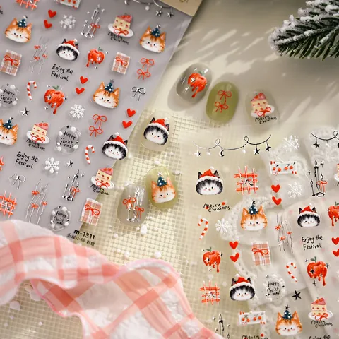 Weihnachtskatze Geprägte Nagelaufkleber 3D Niedlich Cartoon Kätzchen Schneeflocke Kuchen Apfel Muster Feiertag Maniküre M1311