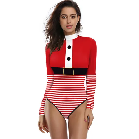Women Christmas One Piece Swimsuit Long Sleeve Zipper 3D Digital Print Elf Santa Claus Funny Cosplay Party Swimwear Bodysuit
