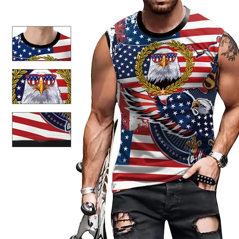 Men Independence Day Tank Top American Flag Eagle Digital Print Sleeveless Shirt Casual Streetwear Round Neck Top