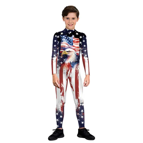 Unabhängigkeitstag Amerikanische Flagge Weißkopfseeadler Druck Langarm Jumpsuit Für Damen Kinder Patriotischer Cosplay Bodysuit Polyester Elasthan