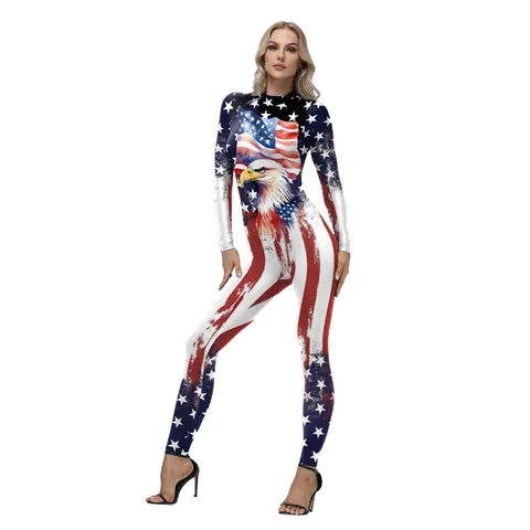 Unabhängigkeitstag Amerikanische Flagge Weißkopfseeadler Druck Langarm Jumpsuit Für Damen Kinder Patriotischer Cosplay Bodysuit Polyester Elasthan