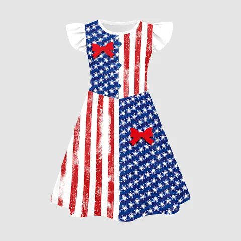 Girls Independence Day Dress American Flag Print Flutter Sleeve Bow Decor Milk Silk Stars And Stripes Festival Party Dress For Kids