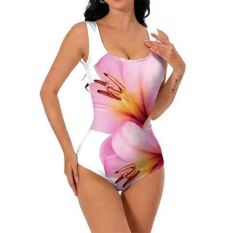 Women One Piece Swimsuit Lily Floral Print U Neck Slim Fit Padded Bathing Suit For Beach Vacation Surf Wear Stretchy