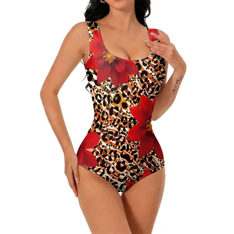 Women's One Piece Swimsuit Tropical Floral Leopard Print Slimming Beach Vacation Bathing Suit Polyester Spandex U Neck Wide Strap Swimwear