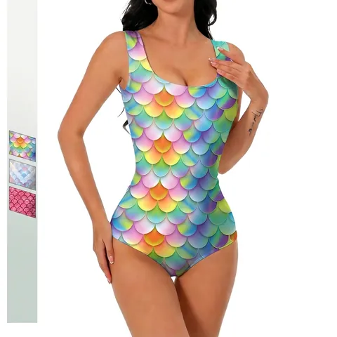 Women Mermaid Fish Scale Swimsuit Rainbow Gradient Digital Print U-Neck Slim Fit One Piece Bathing Suit Beachwear