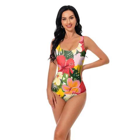 Women's One Piece Swimsuit Tropical Floral Leopard Print Slimming Beach Vacation Bathing Suit Polyester Spandex U Neck Wide Strap Swimwear