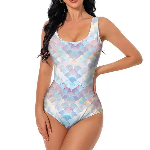 Women Mermaid Fish Scale Swimsuit Rainbow Gradient Digital Print U-Neck Slim Fit One Piece Bathing Suit Beachwear