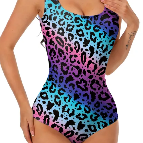 Women's One-Piece Swimsuit Sexy Leopard Print Gradient Blue Purple Gold Metallic Slim Fit Beachwear Bathing Suit Swimwear